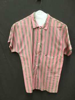 NEW MAN, Pink, Lt Gray, Cotton, Stripes, Short Sleeve,  Collar Attached, Single Button at Left Pocket Front