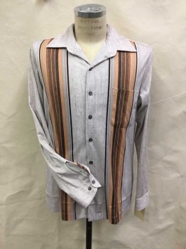 D'AVILA, Cream, Brown, Tan Brown, Rust Orange, Gray, Polyester, Speckled, Stripes - Vertical , Button Front, Collar Attached, Long Sleeves with Button Cuffs, 1 Pocket, Wood Like Stripes Down Front