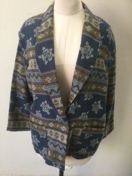 FRITZI, Multi-color, Dusty Blue, Sienna Brown, Beige, Off White, Acrylic, Geometric, Stripes - Horizontal , with Roses, Geometric Zig Zags, Triangles, Etc, Shawl Collar, 1 Silver Embossed Button Closure, 2 Patch Pockets, No Lining, Oversized,
