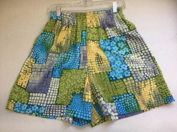 Womens, Shorts, SUSAN GRAVER, Turquoise Blue, Yellow, Purple, Lime Green, Olive Green, Polyester, Novelty Pattern, S, Novelty Patchwork Floral and Graphic Print, Elasticated Waist
