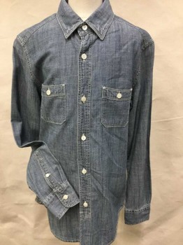 CREW CUTS, Blue, White, Cotton, Heathered, Heather Blue Chambray W/white Top-stitches, Collar Attached, Button Front, 2 Pockets, Long Sleeves,