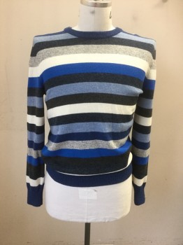 Mens, Pullover Sweater, THE GAP, Blue, Gray, White, Baby Blue, Dusty Blue, Wool, Nylon, S, Pullover, Crew Neck Stripes, Ribbed Sleeve Caps/neck and Waistband