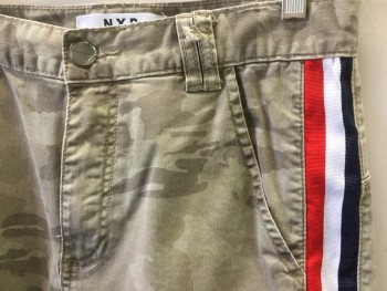 NXP, Khaki Brown, Lt Olive Grn, Brown, White, Red, Cotton, Polyester, Camouflage, Khaki, Light Olive, Brown Camouflage Print with Red, White Black Vertical Side Stripes, Flat Front, Zip Front, 5 Pockets