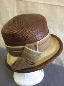 Womens, Hat, SHORLON, Brown, Tan Brown, Straw, Solid, Brown Straw with Tan Straw Panel at Brim, Tan Grosgrain Pleated Band with Light Tan 1/4" Edge, Short 2" Brim That Curls Up at Edges, Cylindrical Crown,