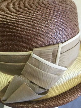 Womens, Hat, SHORLON, Brown, Tan Brown, Straw, Solid, Brown Straw with Tan Straw Panel at Brim, Tan Grosgrain Pleated Band with Light Tan 1/4" Edge, Short 2" Brim That Curls Up at Edges, Cylindrical Crown,
