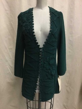 Womens, Sweater, CHARLIE & ROBBIN, Forest Green, Wool, Solid, S, Forrest Green, Self Floral & Zig Zag Appliqué, Novelty Trim, Long Sleeves,