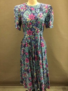 MISS DORBY, Blue, Magenta Purple, White, Black, Lt Blue, Cotton, Rayon, Floral, Short Sleeve,  Large Shoulder Pads, Puff Sleeves, Round Neck W/gold Metallic Piping, Diamond Shape Yoke Waist W/4 Silver Buttons, Gathered Below Waist, Hem Mid-calf,  Zipper At Center Back, Late 1980's