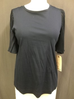 ANN TAYLOR, Navy Blue, Cotton, Polyester, Solid, Pullover, Crew Neck T-shirt with Sheer Fortuni Pleated Sleeves