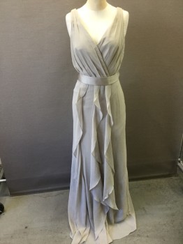 VERA WANG, Taupe, Polyester, Solid, Crinkled Texture Sheer Chiffon, Sleeveless, Wrapped V-neck, 3 Horizontal Tiers of Ruffles From Waist to Hem, Drapey Grecian Look, Floor Length, **2 Piece - with Matching BELT - Taupe Satin, 1.5" Wide