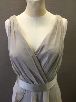 VERA WANG, Taupe, Polyester, Solid, Crinkled Texture Sheer Chiffon, Sleeveless, Wrapped V-neck, 3 Horizontal Tiers of Ruffles From Waist to Hem, Drapey Grecian Look, Floor Length, **2 Piece - with Matching BELT - Taupe Satin, 1.5" Wide