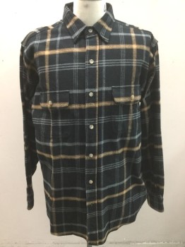 Mens, Casual Shirt, MOOSE CREEK, Black, Brown, Gray, Cotton, Plaid-  Windowpane, XL T, Heavy Flannel, Long Sleeve Button Front, Collar Attached, 2 Flap Pockets with Button Closures, **Has a Double