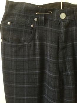 BC ETHIC, Slate Blue, Black, Rayon, Polyester, Plaid, Jean Style, Zip Front, 4 Pockets, Belt Loops,
