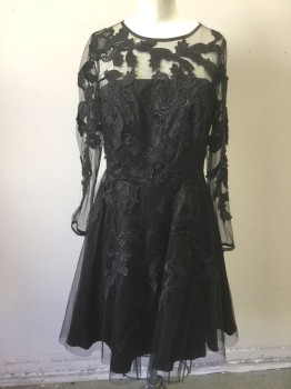 DECODE, Black, Polyester, Floral, Sheer Netting with Floral Appliques, Long Sleeves, Scoop Neck, Opaque Strapless Underlayer, A-Line Skirt, Knee Length