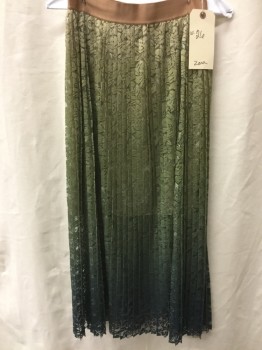 Womens, Skirt, Below Knee, ZARA, Green, Polyester, Ombre, S, Accordion File Pleated Lace, Lined with a Lt Beige Mini Skirt, Elastic Waist Band
