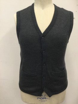 Mens, Sweater Vest, N/L, Dk Gray, Wool, Acrylic, Heathered, C 38, L, Cardigan Vest, V-neck, 2 Pockets, 5 Buttons
