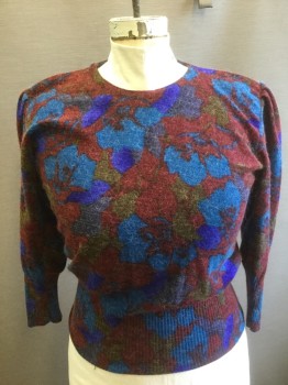 Womens, Top, YVES ST.LAURENT, Red Burgundy, Turquoise Blue, Royal Blue, Brown, Wool, Floral, B:38, Scratchy/Fuzzy Wool, Puffy Gathered Long Sleeves with Padded Shoulders, Round Neck, 1 Button Closure at Back of Neck