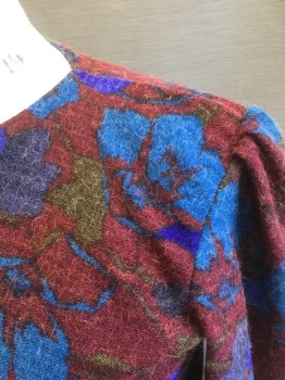 YVES ST.LAURENT, Red Burgundy, Turquoise Blue, Royal Blue, Brown, Wool, Floral, Scratchy/Fuzzy Wool, Puffy Gathered Long Sleeves with Padded Shoulders, Round Neck, 1 Button Closure at Back of Neck