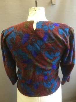YVES ST.LAURENT, Red Burgundy, Turquoise Blue, Royal Blue, Brown, Wool, Floral, Scratchy/Fuzzy Wool, Puffy Gathered Long Sleeves with Padded Shoulders, Round Neck, 1 Button Closure at Back of Neck
