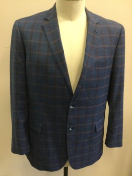 R RENOIR, Blue, Orange, Lt Orange, Polyester, Rayon, Plaid-  Windowpane, Single Breasted, 2 Buttons,  Notched Lapel, 3 Pockets,