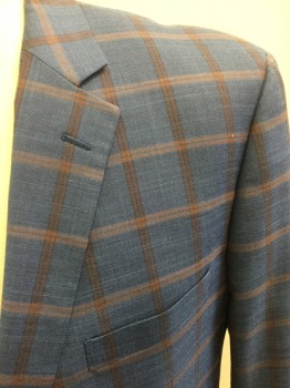 R RENOIR, Blue, Orange, Lt Orange, Polyester, Rayon, Plaid-  Windowpane, Single Breasted, 2 Buttons,  Notched Lapel, 3 Pockets,