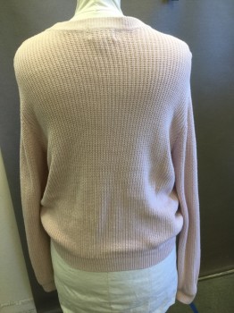 Womens, Pullover, FOREVER 21, Baby Pink, Cotton, Acrylic, Solid, 3X, Rib Knit, Crew Neck, Long Sleeves, Plunging Open V-neck, with Lacing,