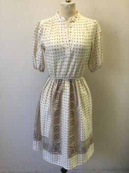 N/L, Cream, Pink, Baby Blue, Lime Green, Brown, Synthetic, Diamonds, Geometric, Cream with Pastel Diamonds Pattern on Top, Bottom Half is Diamonds with Geometric Rectangular Panels, 3/4 Sleeve, Band Collar with Notch at Center Front Bust, Bust is Chemically Pleated Into Shoulder Yoke, Knee Length,