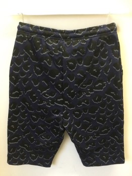 Mens, Shorts, MARKUS LUPFER, Navy Blue, Black, Gray, Cotton, Abstract , S, Navy with Black Amoeba-like Spots Outlined in Gray, Drawstring Elastic Waist, 2 Zip Pockets, Fitted