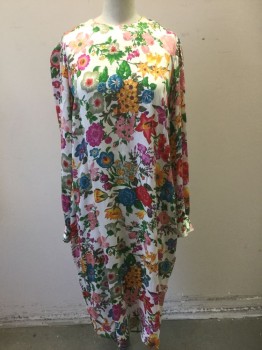 Womens, Dress, Long & 3/4 Sleeve, N/L, Cream, Multi-color, Silk, Floral, B:38, Cream with Rainbow Colored Floral Pattern Silk Satin, Long Sleeves, Round Neck, Shift Dress, **2 Piece, Comes with Matching SCARF