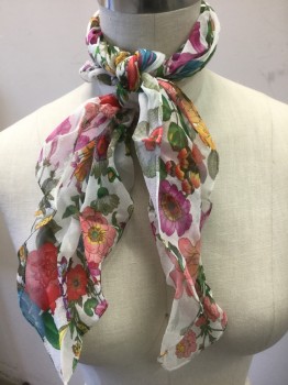 Womens, Dress, Long & 3/4 Sleeve, N/L, Cream, Multi-color, Silk, Floral, B:38, Cream with Rainbow Colored Floral Pattern Silk Satin, Long Sleeves, Round Neck, Shift Dress, **2 Piece, Comes with Matching SCARF