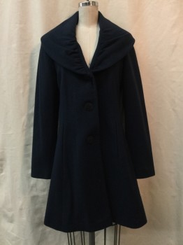 TAHARI, Navy Blue, Wool, Solid, Navy, Gathered Shawl Collar Attached, Button Front, 2 Pockets,
