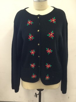 TALLY-HO, Black, Red, Green, Acrylic, Solid, Holiday, Solid Black with Red/Green Embroidered Holly, Gold Button Front, Long Sleeves, Scallopped Edges, 2 Pockets