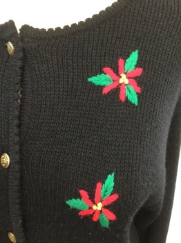 TALLY-HO, Black, Red, Green, Acrylic, Solid, Holiday, Solid Black with Red/Green Embroidered Holly, Gold Button Front, Long Sleeves, Scallopped Edges, 2 Pockets