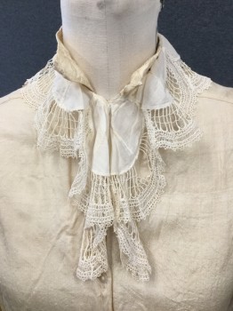 FOX 411, Cream, Silk, Cotton, Solid, Long Sleeves, Dau Blouse with French Cuffs, Hand Made Cotton Lace Collar with Self Tie at Front. Small Stain at Collar Button Front. Hole at Lace Collar Left Front,
