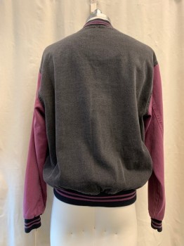BDG, Faded Black, Purple, Cotton, Solid, Faded Denim Body, Purple Denim Sleeves, Snap Front, Ribbed Knit Striped Collar, Ribbed Knit Stripe Cuff/Waistband, Snap Front, 2 Purple Pockets