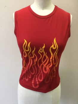 Womens, Top, ANCHOR BLUE, Red, Orange, Nylon, Solid, Graphic, S, Red  with Orange Fire Graphic, Sleeveless, Crew Neck