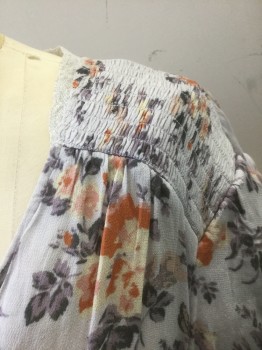 Womens, Top, KIMCHI BLUE, Lt Gray, Gray, Rust Orange, Blush Pink, Lavender Purple, Rayon, Floral, M, Light Gray with Shades of Gray, Rust, Lavender and Cream Floral, Sheer Crepe, Short Sleeves, Self Fabric Covered Button Front, Cropped Length, Smocking at Shoulders, Retro 90's Look