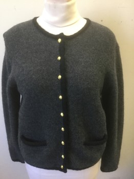 KAREN SCOTT, Gray, Wool, Solid, Gray Thick Wool with 1/2" Wide Black Edging Trim, Long Sleeves, Round Neck, 9 Gold Metal Knot Buttons, 2 Welt Pockets,