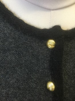 KAREN SCOTT, Gray, Wool, Solid, Gray Thick Wool with 1/2" Wide Black Edging Trim, Long Sleeves, Round Neck, 9 Gold Metal Knot Buttons, 2 Welt Pockets,