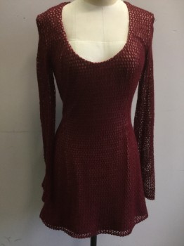 MTO, Maroon Red, Dusty Pink, Synthetic, Solid, Crochet Knit Over Dusty Pink Stretch Fabric, Deep Scoop Neck, Crochet Long Bell Sleeves, Knee Length, Zip Back