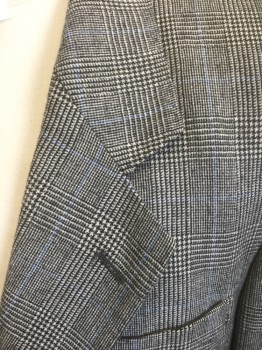 N/L, White, Black, Wool, Glen Plaid, Grid , Blue Faint Grid Stripes, Single Breasted, Notched Lapel, 3 Buttons, 3 Pockets, Solid Dark Gray Lining