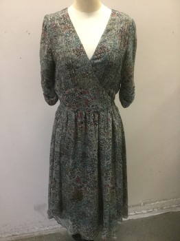Womens, Dress, Short Sleeve, COMPTOIR COTONNIERS, Gray, Red Burgundy, Teal Blue, Olive Green, Dk Purple, Silk, Floral, Abstract , W:28, B:36, Sz 38, Gray with Busy Abstract Floral Pattern with Teal/Dark Gray/Burgundy/Olive Etc, Chiffon, 1/2 Sleeves with Ruched Detail, Wrap Dress with Button Closures at Side Waist, Wrapped V-neck, Gathered Smocking Horizontally Across Bust, Knee Length  **Barcode at Waist Seam