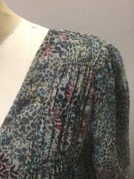 Womens, Dress, Short Sleeve, COMPTOIR COTONNIERS, Gray, Red Burgundy, Teal Blue, Olive Green, Dk Purple, Silk, Floral, Abstract , W:28, B:36, Sz 38, Gray with Busy Abstract Floral Pattern with Teal/Dark Gray/Burgundy/Olive Etc, Chiffon, 1/2 Sleeves with Ruched Detail, Wrap Dress with Button Closures at Side Waist, Wrapped V-neck, Gathered Smocking Horizontally Across Bust, Knee Length  **Barcode at Waist Seam