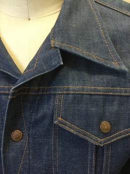 Mens, Jean Jacket, MONTGOMERY WARD, Denim Blue, Cotton, Solid, 42, with Orange Contrast Top Stitching, 4 Bronze Snap Closures in Front, Collar Attached,