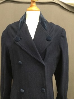 MTO, Navy Blue, Wool, Silk, Solid, Double Breasted, Peaked Button Down Collar, Velvet Back Collar/cuffs, Back Pleating, Velvet Covered Buttons