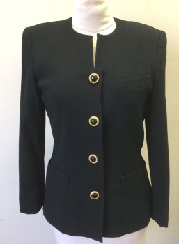 Womens, 1990s Vintage, Suit, Jacket, KASPER, Black, Wool, Solid, B:36, Sz 8, Crepe with 4 Oversized Gold and Black Buttons at Center Front, Round Neck, No Lapel, Padded Shoulders, 3 Welt Pockets