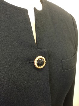 KASPER, Black, Wool, Solid, Crepe with 4 Oversized Gold and Black Buttons at Center Front, Round Neck, No Lapel, Padded Shoulders, 3 Welt Pockets