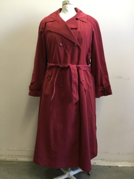 Womens, Coat, Trenchcoat, KOMITOR, Dk Red, Polyester, Solid, 24, Double Breasted, Collar Attached, 1 Flap Pocket, 1 Welt Pocket, Raglan Long Sleeves, Belted Cuffs, Flap Back, Self Belt, Belt Loops, Zip Polyester Twill Lining