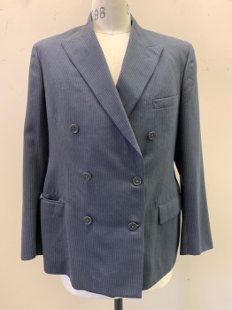 Mens, 1950s Vintage, Suit, Jacket, JOHN COLLIEN, French Blue, Dk Gray, Wool, Stripes - Vertical , 40S, Peaked Lapel, Double Breasted, Button Front, 3 Pockets