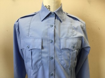 BLAUER, Powder Blue, Polyester, Solid, Police, Long Sleeves, Collar Attached, Button Down Epaulets, 2 Pockets, Button Front, 5 Sew-down Crease