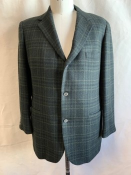 Mens, Sportcoat/Blazer, SOUTHWICK, Dk Green, Black, Brown, Wool, Plaid, 48L, Single Breasted, Collar Attached, Notched Lapel, 3 Buttons,  3 Pockets